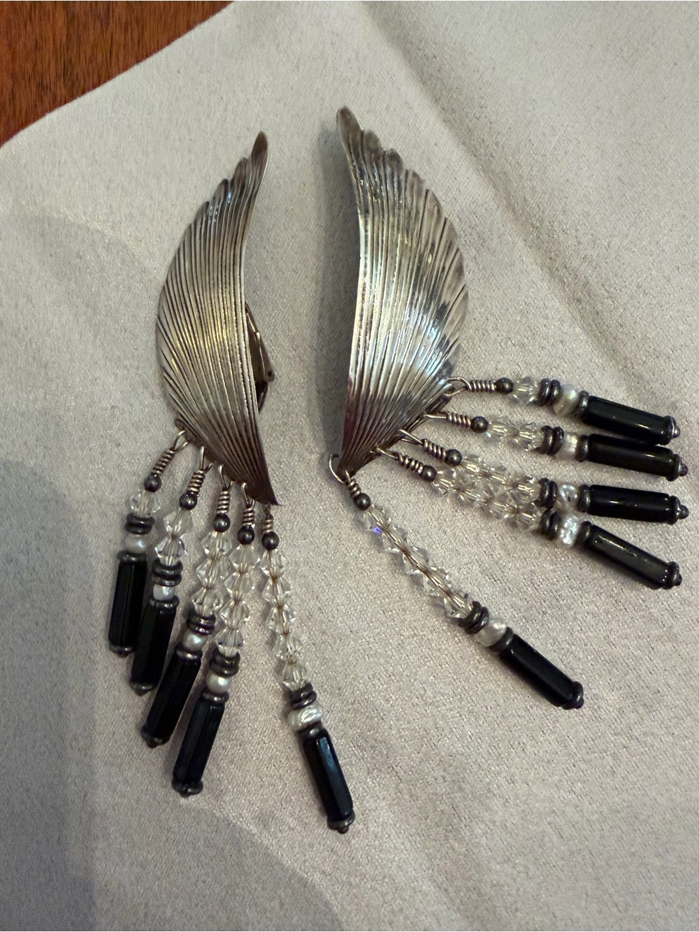 Tabra vintage Silver and Black Wing feather Dangle black onyx clip on Earrings
